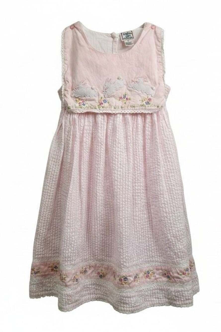 Cotton Kids Girls Pink Seersucker Embroidered  Sleeveless Dress